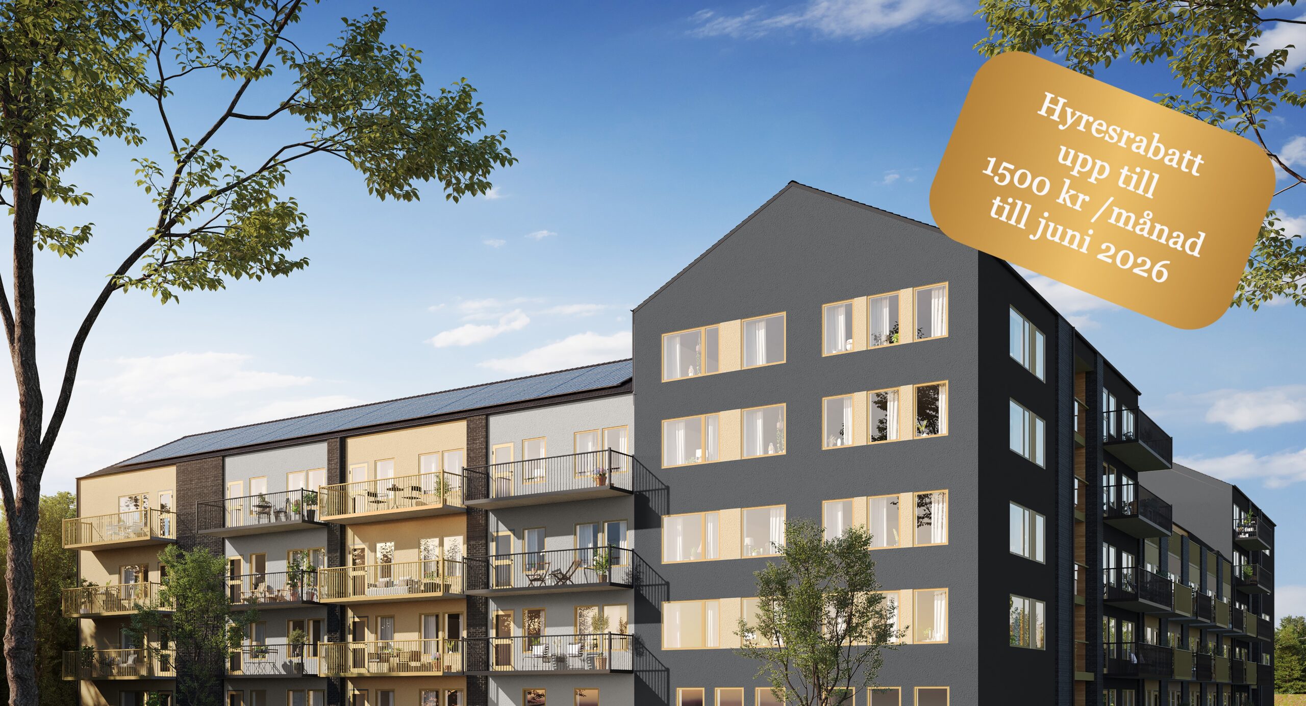 Visualisering av moderna hyreslägenheter i Strängnäs – Kv. Måsen etapp 2 i kvällsljus.