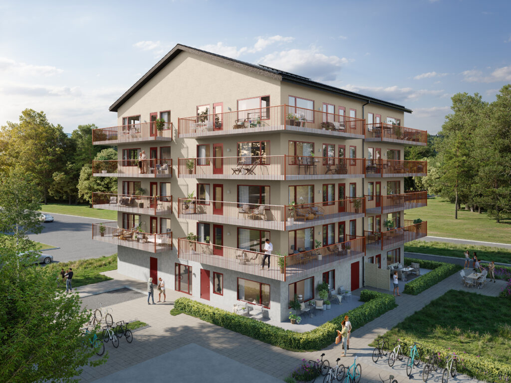 Visualisering av nyproducerade hyreslägenheter i Almby, Örebro – stilren fasad med balkonger.