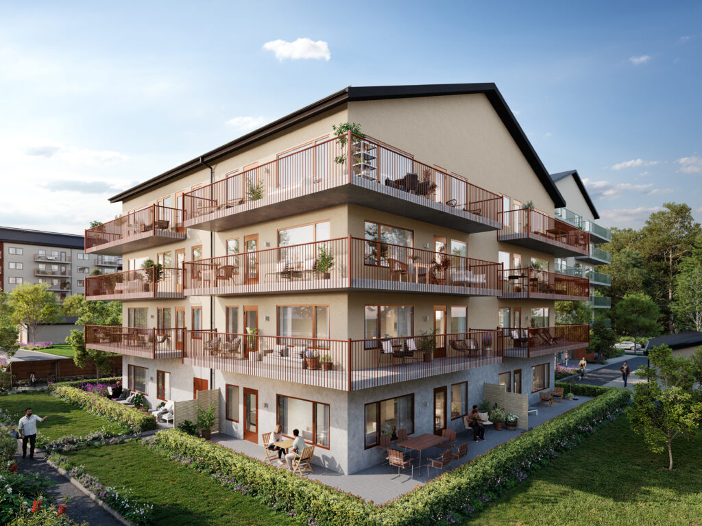 Perspektivvy över nytt bostadskvarter med hyresrätter i Almby, Örebro – inflyttning 2026.